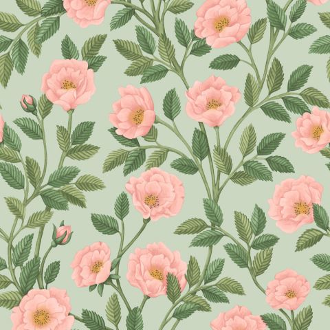 Hampton Roses - Rose & Leaf Green on Duck Egg